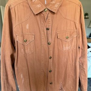 Entro Camel Distressed Button-Down Shacket – Size L